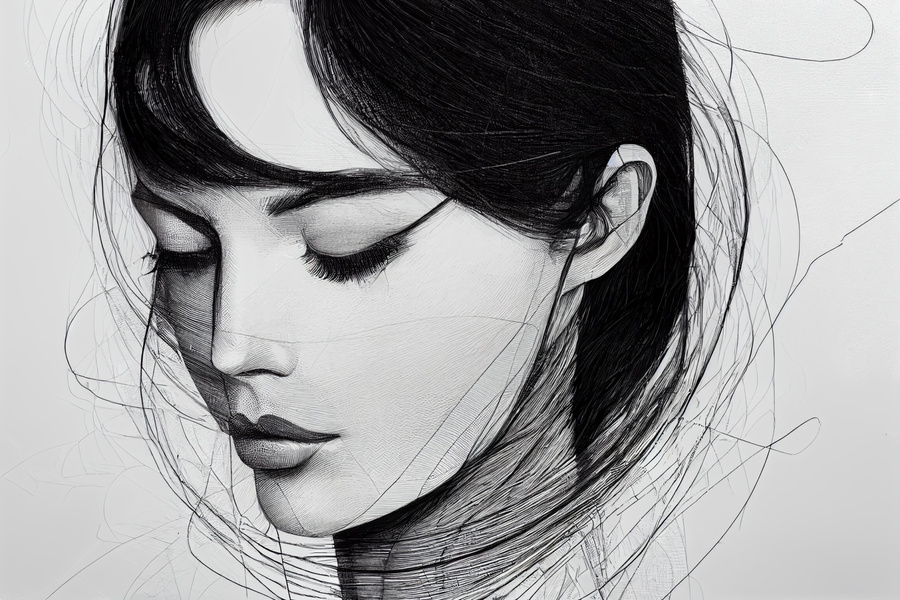 Illustrative sketch of a beautiful woman in monotone